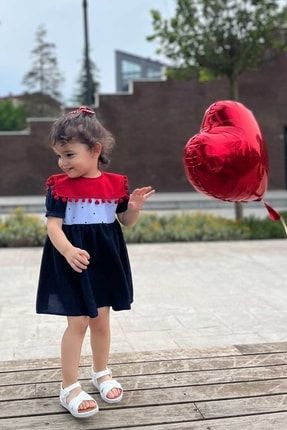 Bahriye Yaka Kırmızı Ponponlu Tasarım Kız Çocuk Bebek Elbise 865309
