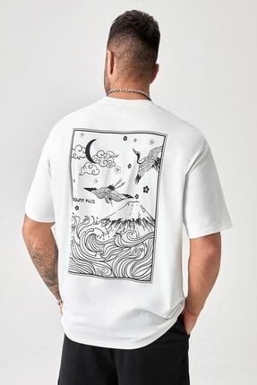 Erkek Oversıze Beyaz Mount Fujı Baskılı T-shirt BYZ 4445