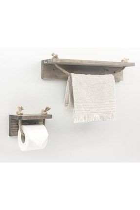 Ikili Set Ahşap Halatlı Wc Kağıtlık, Havluluk Banyo Havlu Rafı ahşapikili set