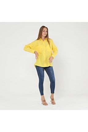 Kadın Sarı Renk Gömlek Oversize Çift Cep Detaylı mlt34