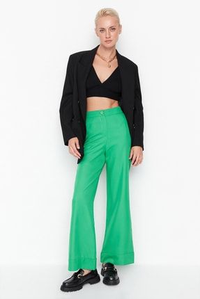 Yeşil Yüksek Bel Geniş Paça Pantolon TWOAW23PL00185