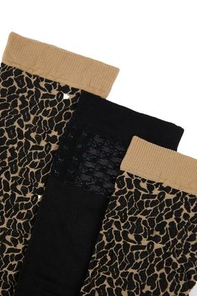 Siyah Leoparlı Simli 3'lü Paket Örme Soket Çorap THMAW23CO00089