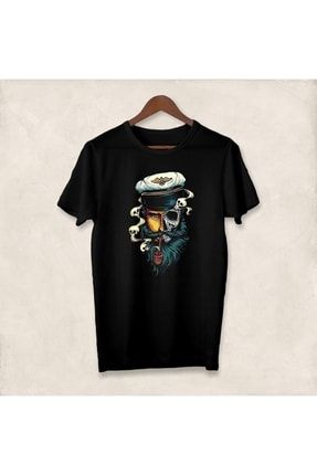 Unisex Siyah Pipo Içen Denizci Kaptan Baskılı T-shirt DQ0028-tshirt