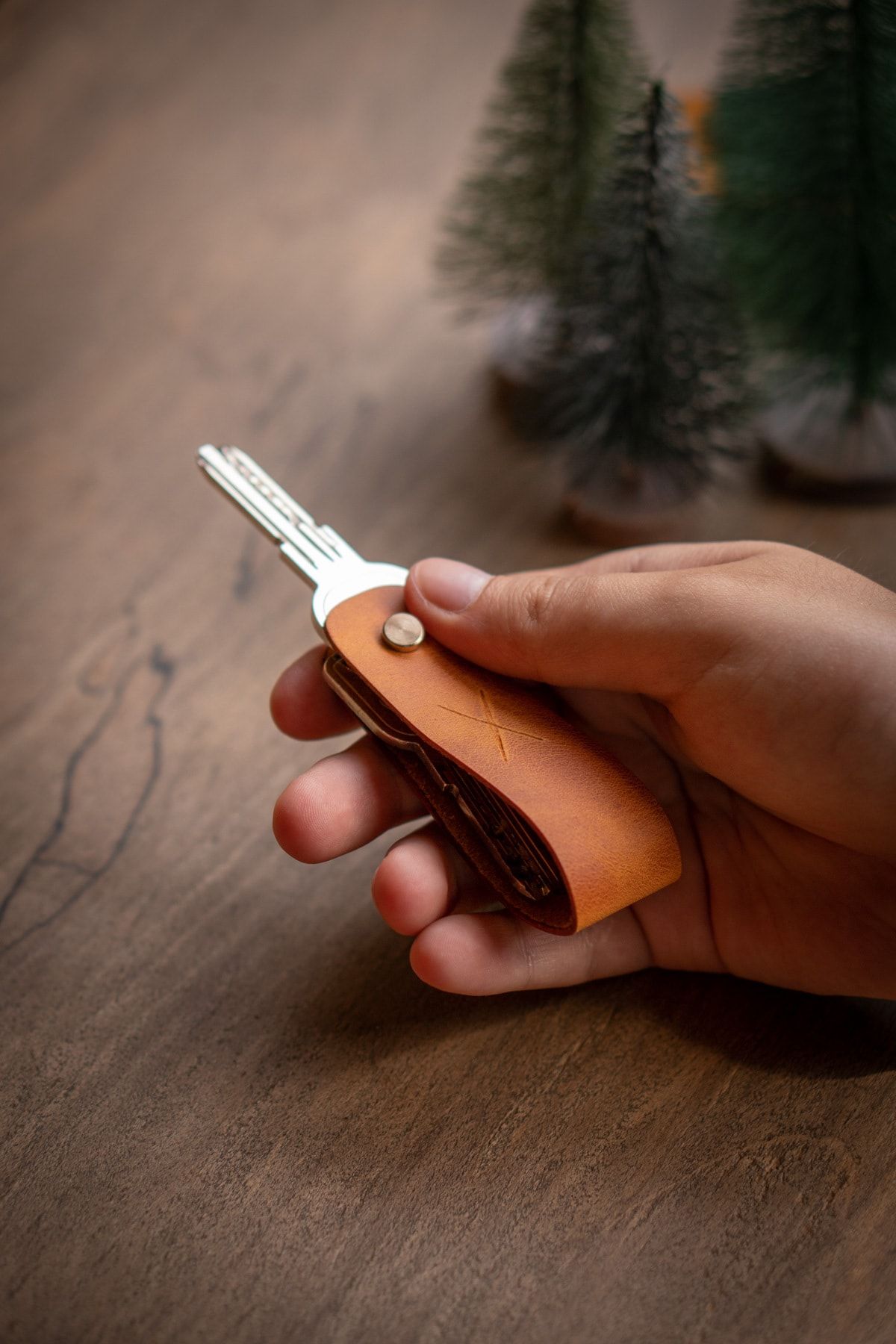 minimal X design-Leather Keychain Long 2-3 Key Capacity - Camel - Minimalist Design 5