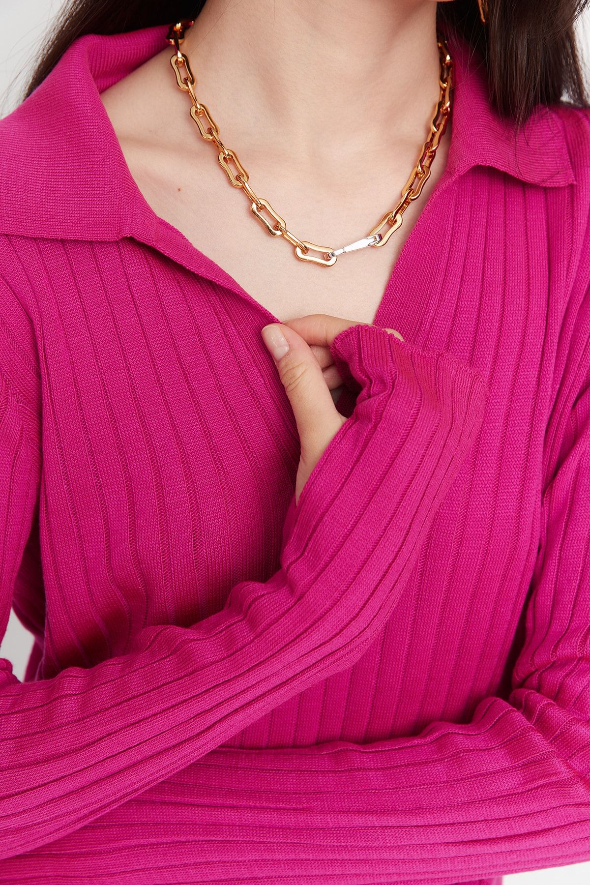 Trendyol Collection-Fuchsia Ärmel Detail Polo Kragen Trikot Pullover TWOAW21KZ1113 4