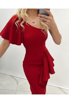 Kadın Kırmızı, Tek Omuz, Volan Detaylı Elbise. RM-39249
