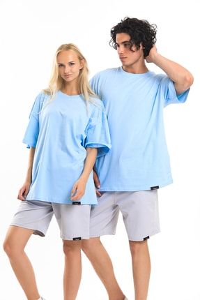 Sevgili Kombin 2'li Oversize Basic Mavi T-shirt Unisex Kısa Kollu Baskısız Tişört %100 Pamuk VST-OBTC-1000-0008