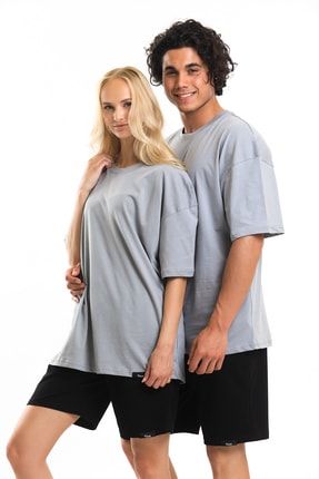 Sevgili Kombin 2'li Oversize Basic Gri T-shirt Unisex Kısa Kollu Baskısız Tişört %100 Pamuk VST-OBTC-1000-0008