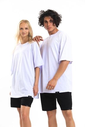 Sevgili Kombin 2'li Oversize Basic Beyaz T-shirt Unisex Kısa Kollu Baskısız Tişört %100 Pamuk VST-OBTC-1000-0008