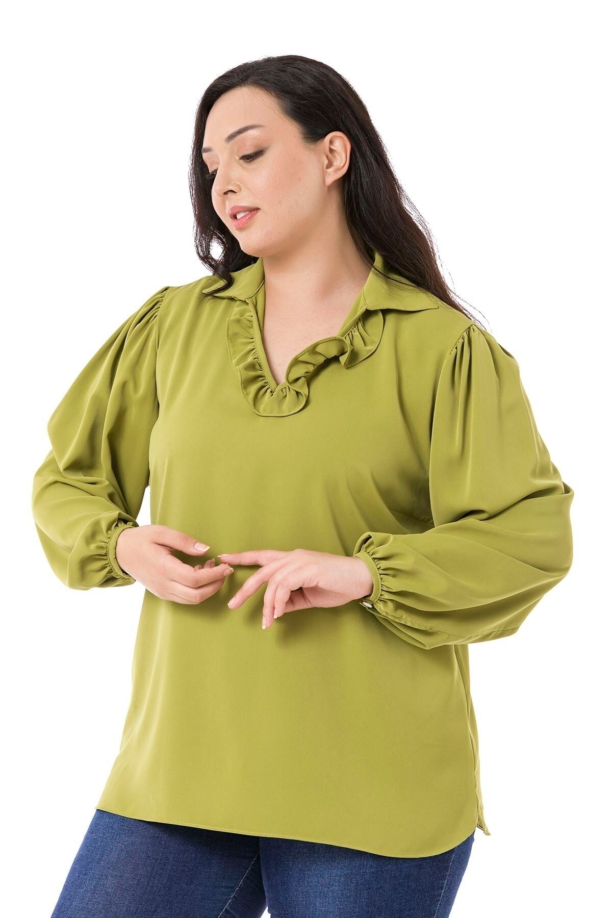 DISENTIS MODEST-Green Plus Size Blouse - Ruffle Collar, Drawstring Shoulder and Buttoned Sleeve 4