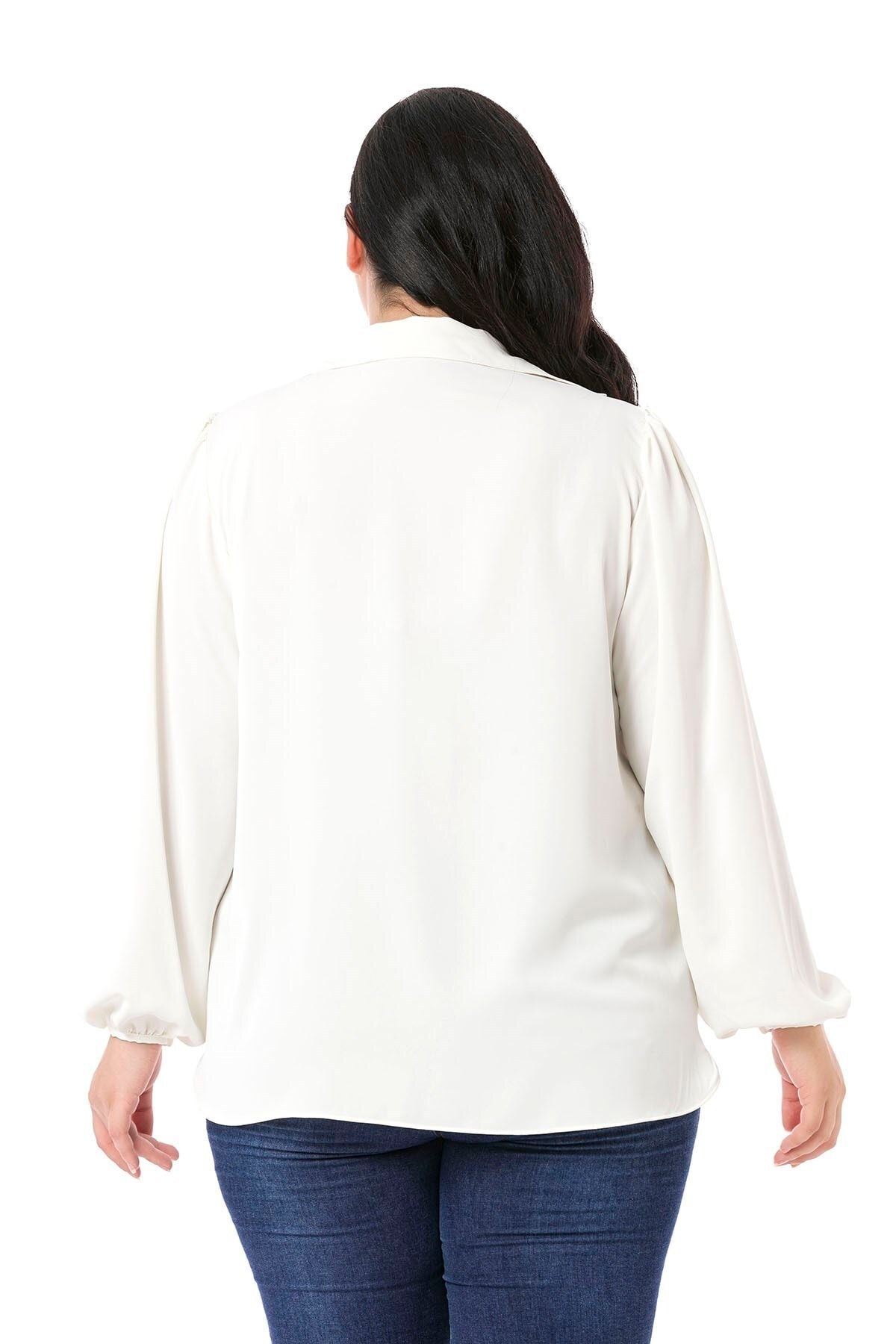 DISENTIS MODEST-Plus Size Flowing White Blouse with Ruffled Collar, Shirred Shoulders, Sleeves and Buttons 3