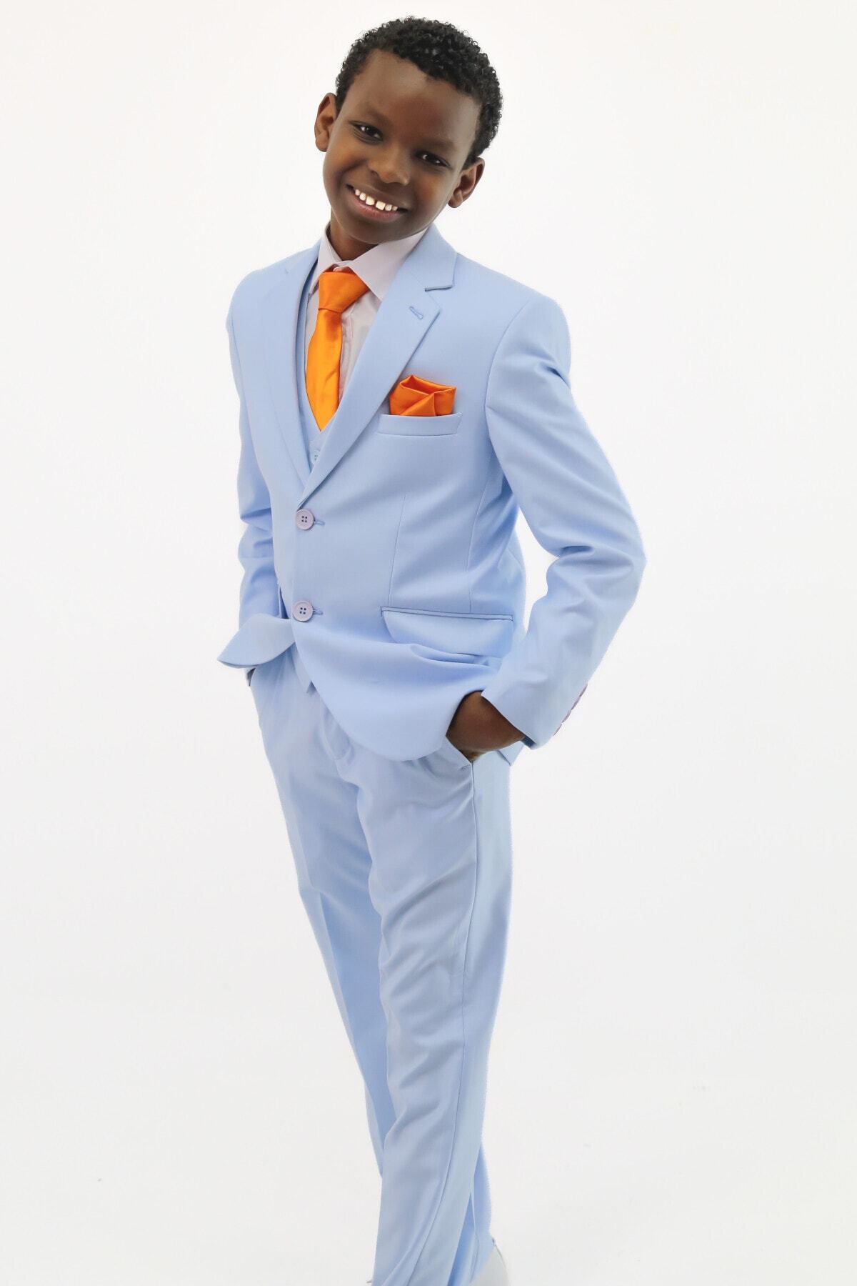  کت و شلوار سه تکه آبی روشن پسرانه، جلیقه و ژاکت