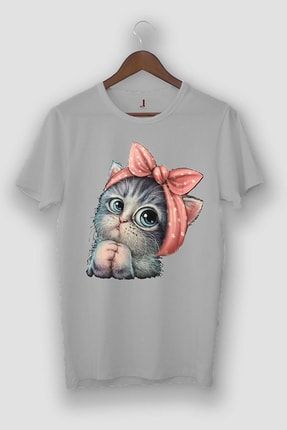 Griland Oversize Unisex Gri Sevimli Minik Kedi Baskılı T-shirt İ-21