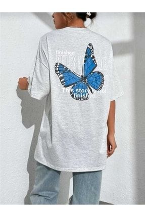 Kadın Oversize Gri Kelebek Baskılı T-shirt klbdgn