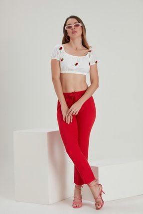 Kadın Kırmızı Fermuarlı Kuşaklı Regular Fit Casual Dokuma Pantolon YL-PN99499