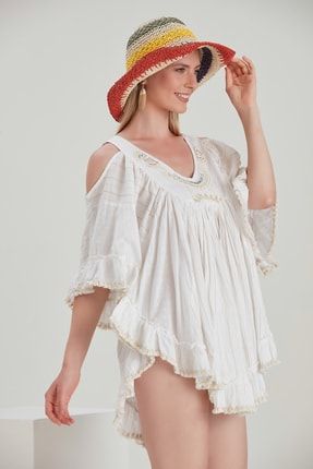 Kadın Beyaz Omzu Açık Mini Dokulu Püsküllü Brode Casual Dokuma Oversize Elbise YL-EL99172