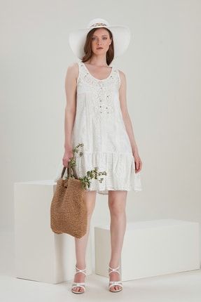 Kadın Beyaz Dantel Yaka Mini Astarlı Boncuk İşlemeli Dantel Casual Örme Elbise YL-EL99327