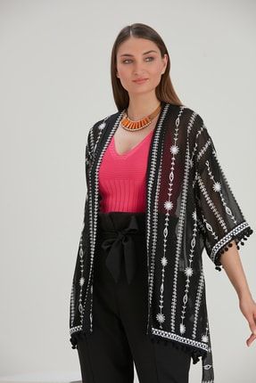 Kadın Siyah Ponponlu Nakışlı Oversize Casual Dokuma Kimono Ceket YL-KM99950