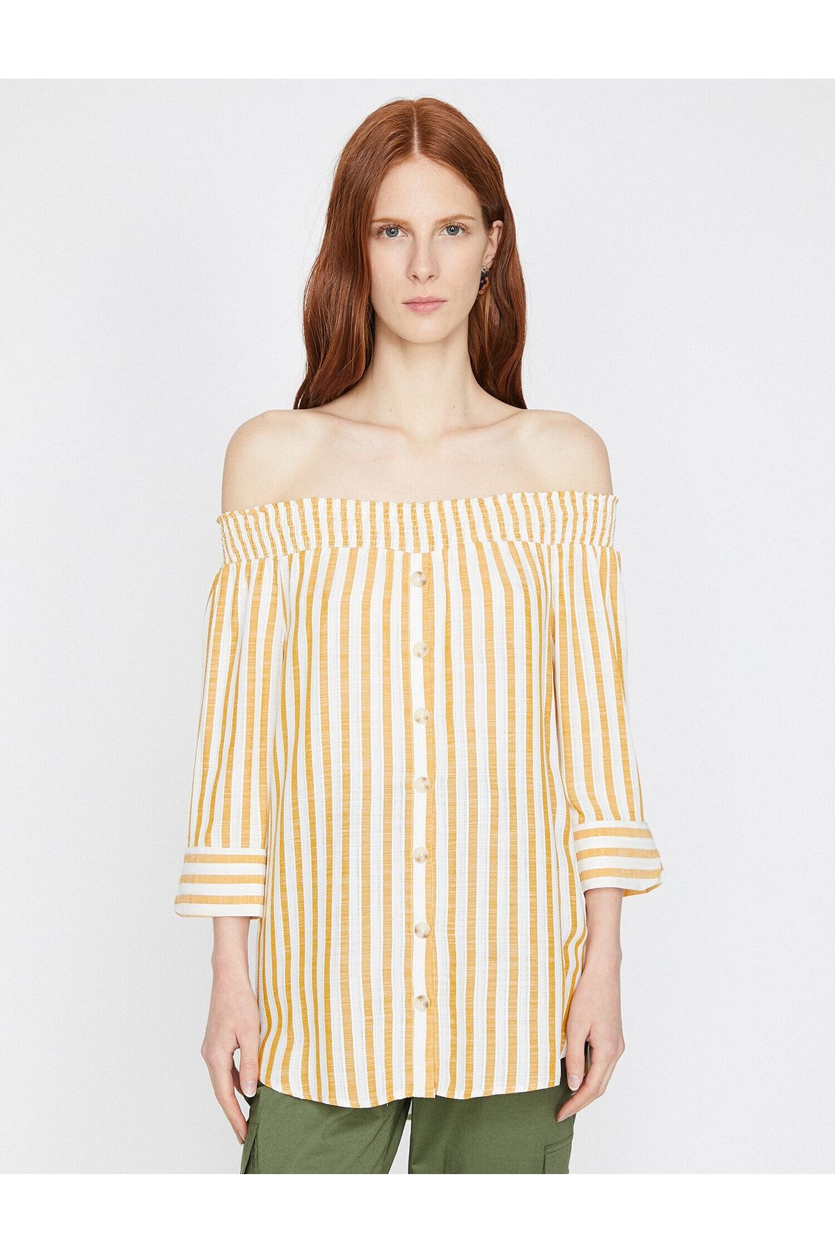 Koton-Short Sleeve Off Shoulder Striped Blouse 3