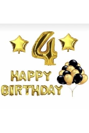 4 Yaş Doğum Günü Seti - Siyah - Gold Balon Ve Gold 4 Folyo Balon - Gold Happy Birtday Folyo Balon LTS-BLN0664