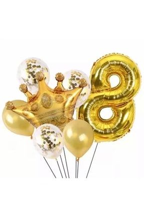 8 Yaş Doğum Günü Seti - Şeffaf Balon - Gold Balon - Gold 8 Rakam Folyo Balon - Kral Taç Folyo Balon LTS-BLN0683