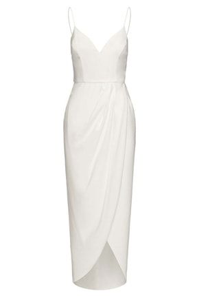 Ince Askılı V Yaka Beyaz Elbise SM1010