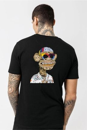 Siyah Erkek Slim Fit Nft Baskılı Kısa Kollu %100 Pamuk Bisiklet Yaka T-shirt SV1234V3