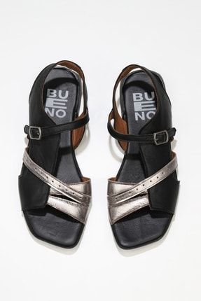 Siyah Gümüş Deri Kadın Topuklu Sandalet 01WU1819