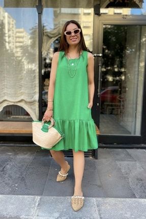 Yeşil Kolsuz Basic Elbise 5446