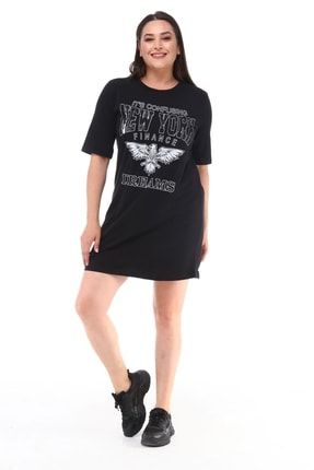 Büyük Beden Newyork Baskılı Yarım Kol Tunik T-shirt Siyah TST0060Y0030