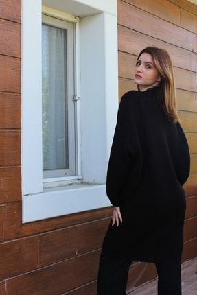 Siyah Yarasa Kol Selanik Cepli Uzun Kadın Triko Hırka 20503