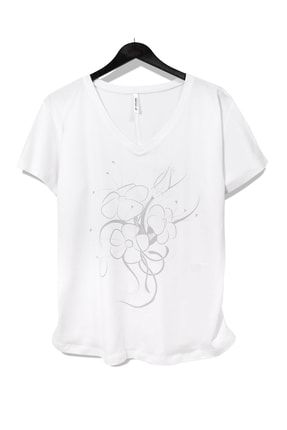 Kadın Sunny Kısa Kollu Normal Kesim V Yaka Pamuk T-shirt Beyaz 17863