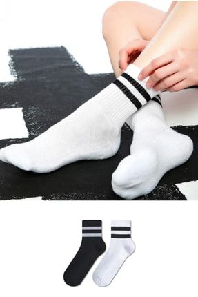 Çember Desenli Dört Mevsim Unisex Çift Renk Siyah Beyaz 2'li Kısa Tenis Çorap Seti C1C28