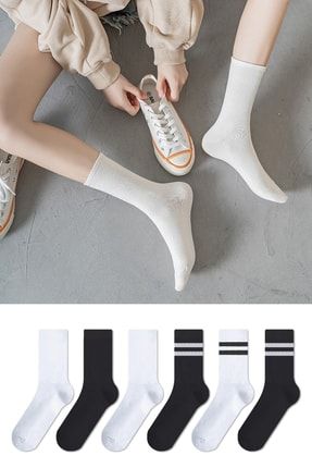 Düz Ve Çember Desenli Dört Mevsim Unisex 6'lı Çift Renk Siyah Beyaz Uzun Tenis Çorap Seti C1C68