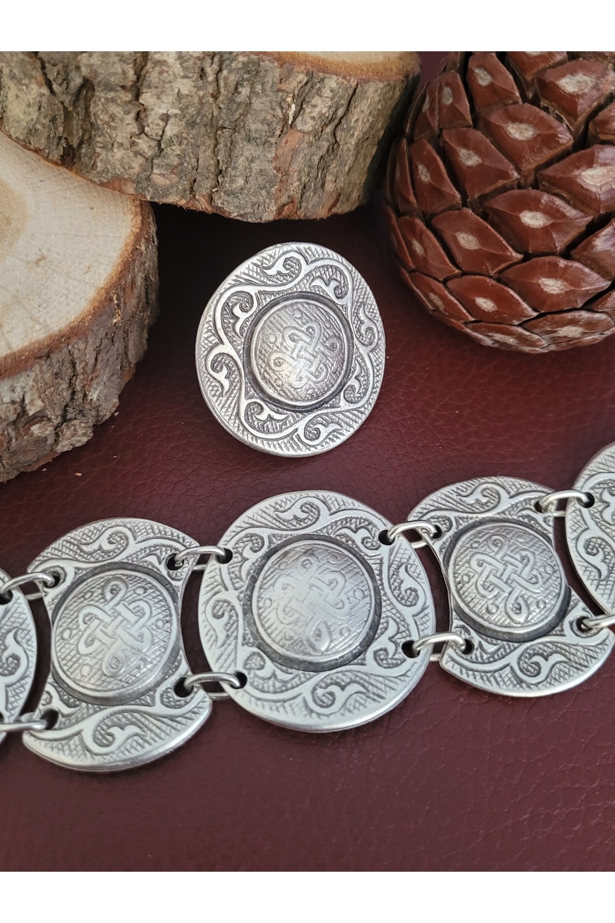 Antique Dolunay Antik Gümüş Kaplama El Yapımı Ayarlanabilir Selçuklu Şahdamar Motifli Bileklik & Yüzük Set