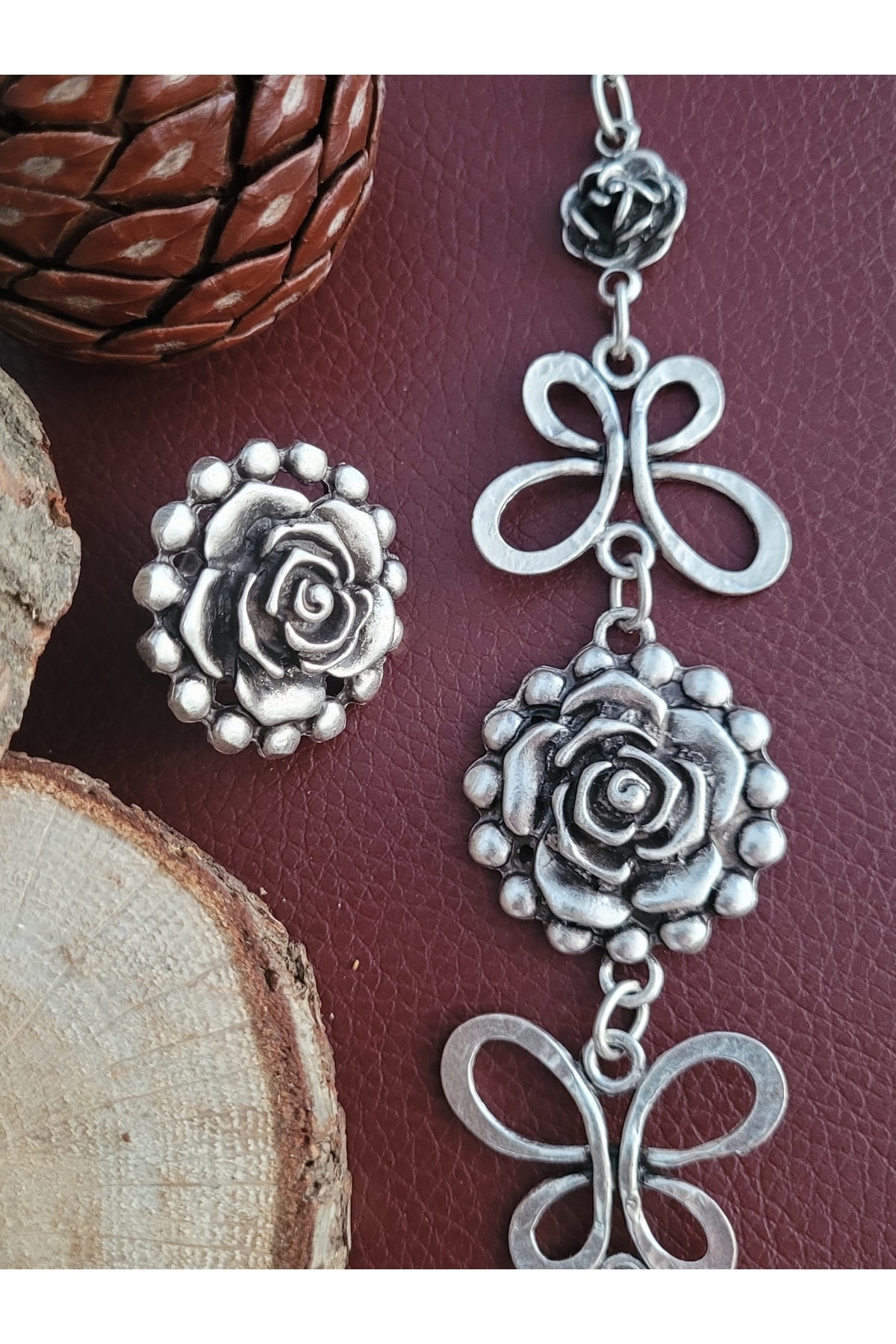 Antique Dolunay Antik Gümüş Kaplama El Yapımı Ayarlanabilir Kelebekli Gül Bileklik & Gül Şekilli Yüzük Set