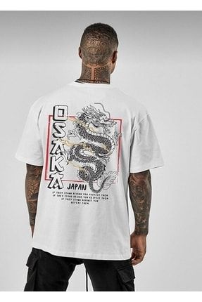 Erkek Beyaz Osaka Japan Baskılı Oversize T-shirt Ovrsz-Tşrt-Osaka