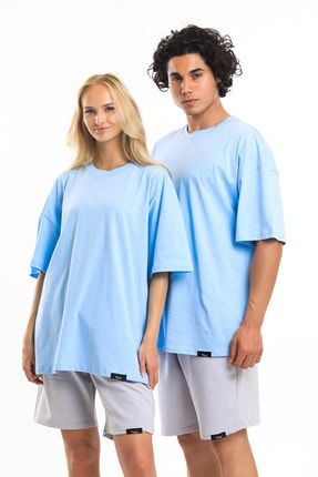 Alt-üst Takım Oversize Mavi T-shirt Ve Gri Şort&bermuda Basic Kısa Kol Baskısız T-shirt Ve Düz Short VST-OBTST-1000-0008