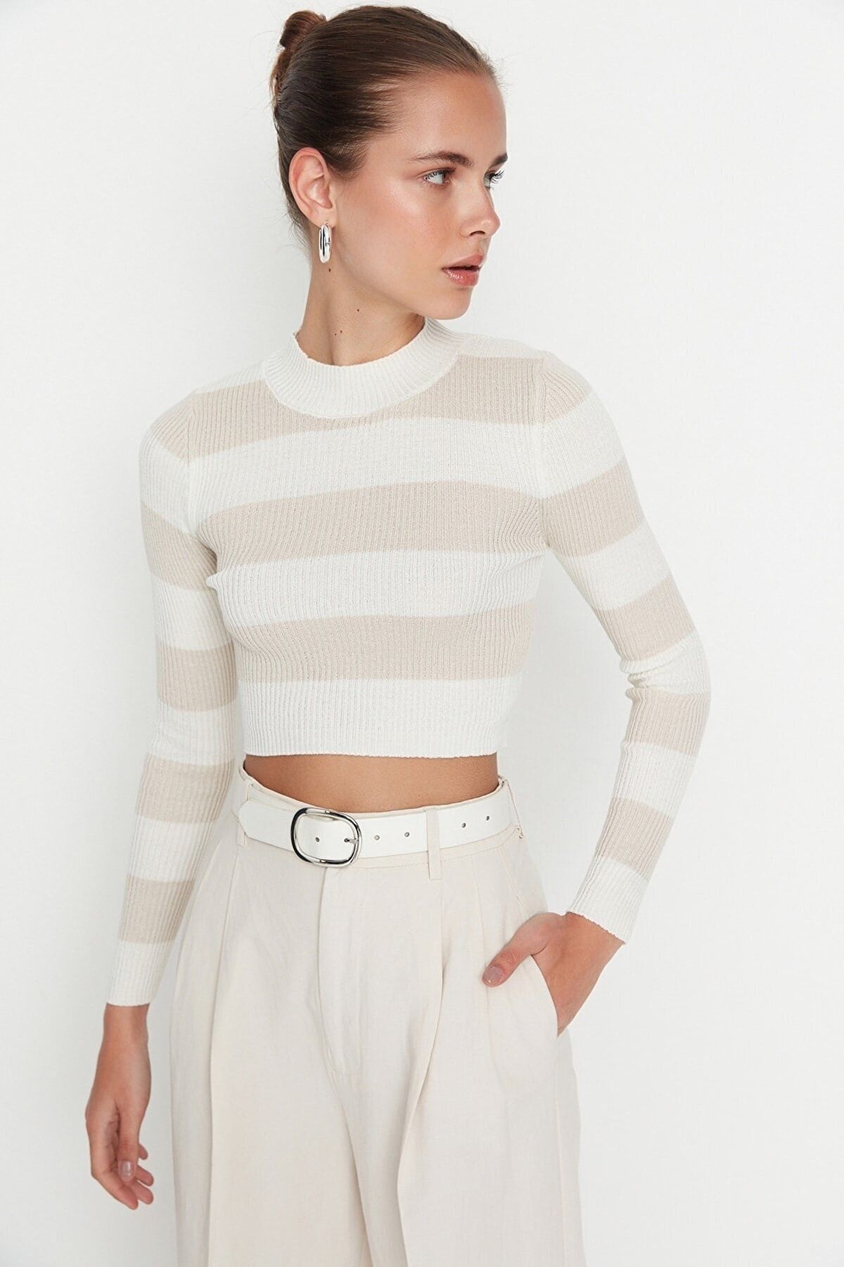 Trendyol Collection-Cotton Ecru Crop Couple Knitwear Sweater - Color Block, Twoaw20Kz0255 9