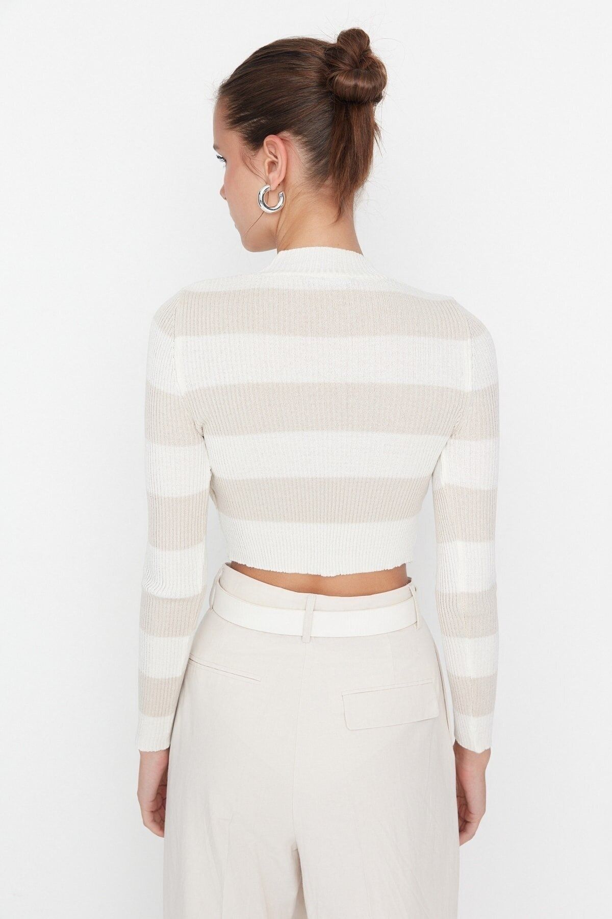 Trendyol Collection-Cotton Ecru Crop Couple Knitwear Sweater - Color Block, Twoaw20Kz0255 10