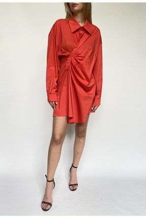 Kadın Kırmızı Asimetrik Kesim Gömlek Elbise HDNE01004