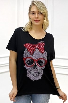 Bol Kesim Büyük Beden Crystal Kurukafa Taşlı Plus Size %100 Pamuk Kadın T-shirt 700