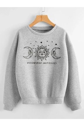 Unisex Güneş Ay Baskılı Gri Oversize Sweatshirt gri-sweat