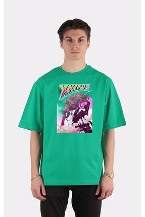 Yeşil Bisiklet Yaka Oversize T-shirt Xkito Music Cyberpunk Design_em2691 YM2691