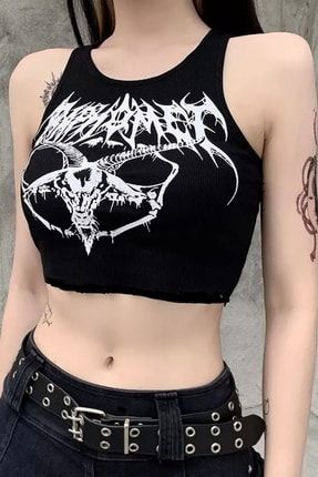 Harajuku Fashion Gothic Goat Head Siyah Askılı Kadın Crop T-shirt crp65479