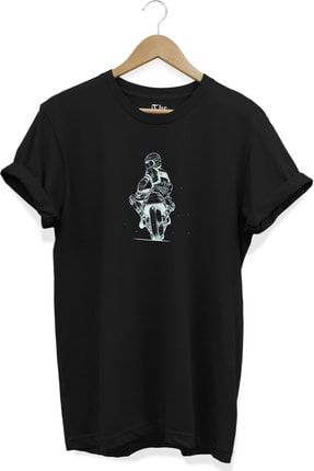 Siyah Unisex Motorsiklet Çizim Baskılı Cool Kısa Kollu T-shirt TB0BT259