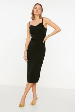 Kadın Uzun Siyah Degaje Yaka Örme Elbise Modeli HLLDRSYH