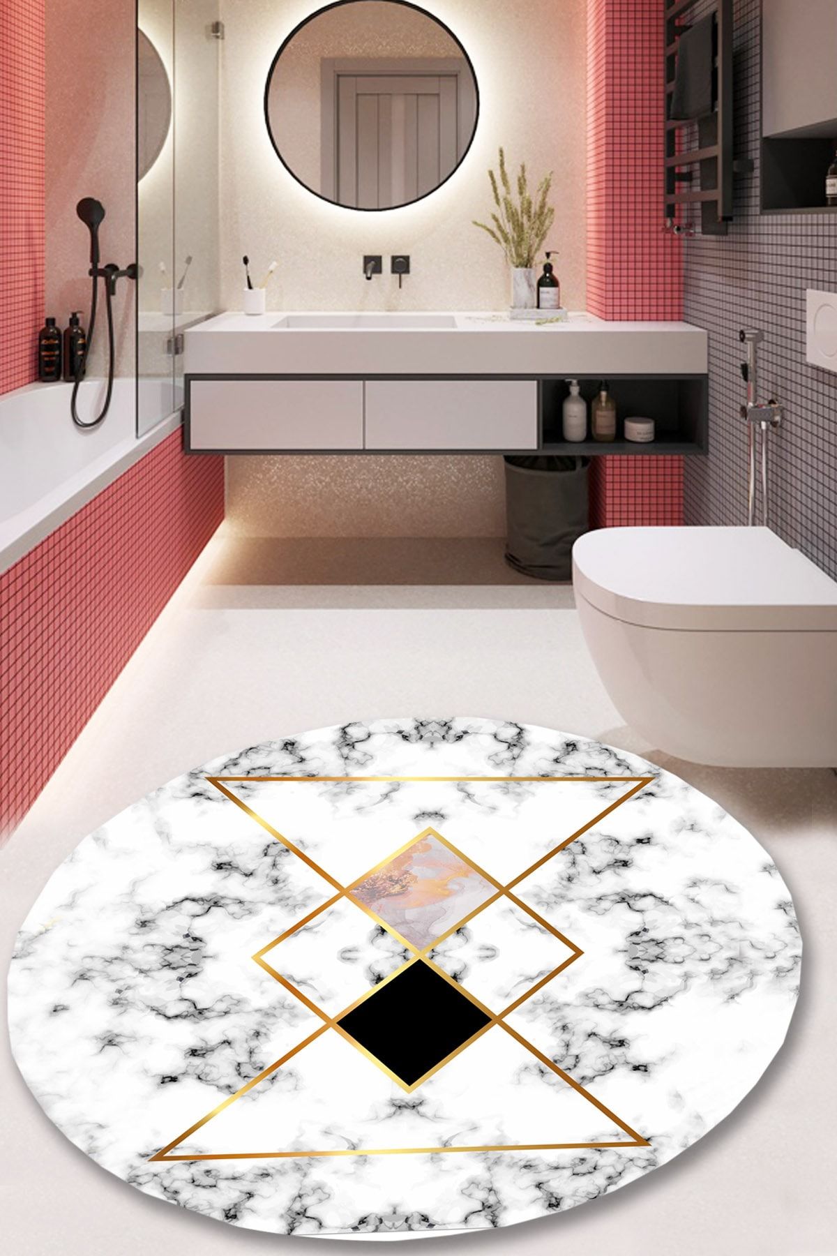 evimod pink dream pembe beyaz mermer 80cm cap yuvarlak banyo halisi paspasi x fiyati yorumlari trendyol