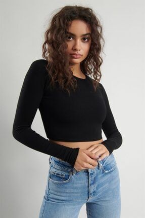 Kadın Siyah Uzun Kollu Crop Sweatshirt SW004
