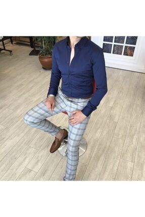 Italyan Stil Slim Fit Dik Yaka Saten Erkek Gömlek Lacivert T4741